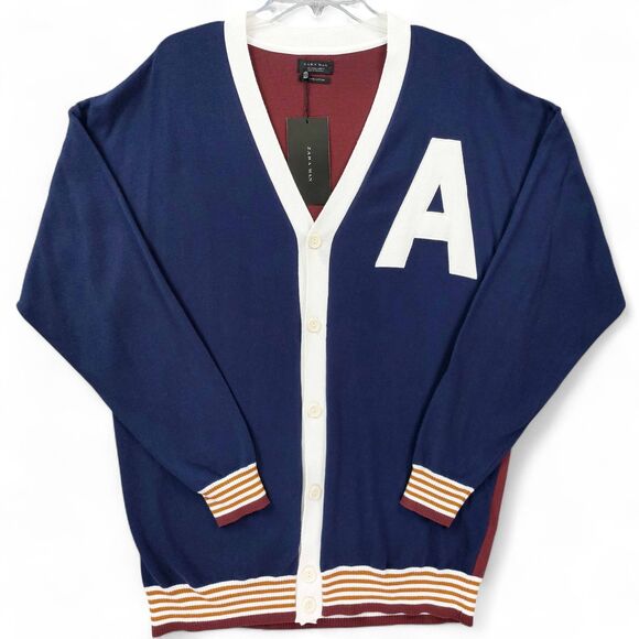 ZARA MAN Varsity Letter Cardigan Large Navy Blue Burgundy Colorblock Sweater - Picture 1 of 10